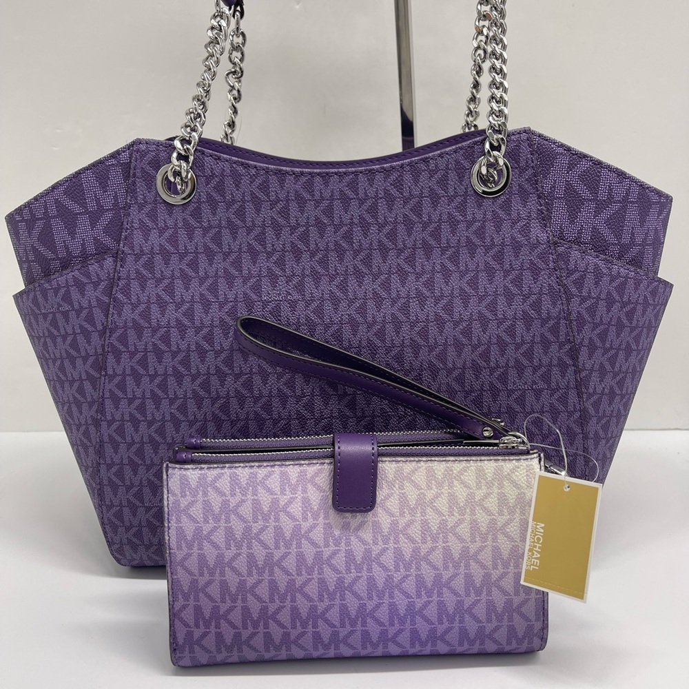 MICHAEL KORS JST Lg Chain Shoulder Tote & Double Zip Wristlet Wallet 
Dk Purple - Picture 10 of 16